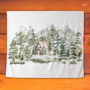Aquarell-Hütte im grünen Kiefernwald Wandteppich
