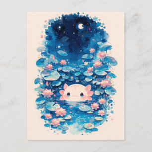 Aquarell-Illustration einer rosa Axolotl-Nachtlili Postkarte