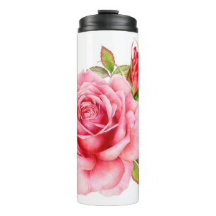 Aquarell-Illustration einer zarten rosa Rose mi Thermosbecher