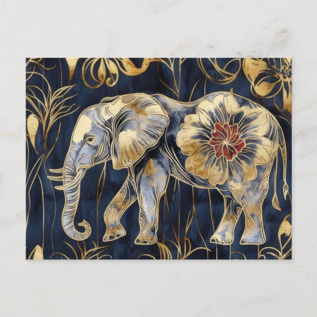 Aquarell Illustration eines Elefanten mit Blumen Postkarte (Vorderseite)