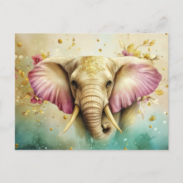 Aquarell Illustration eines Elefanten mit Blumen Postkarte (Vorderseite)