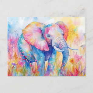 Aquarell Illustration eines Elefanten mit Blumen Postkarte