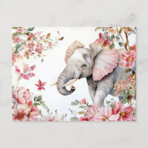 Aquarell Illustration eines Elefanten mit Blumen Postkarte