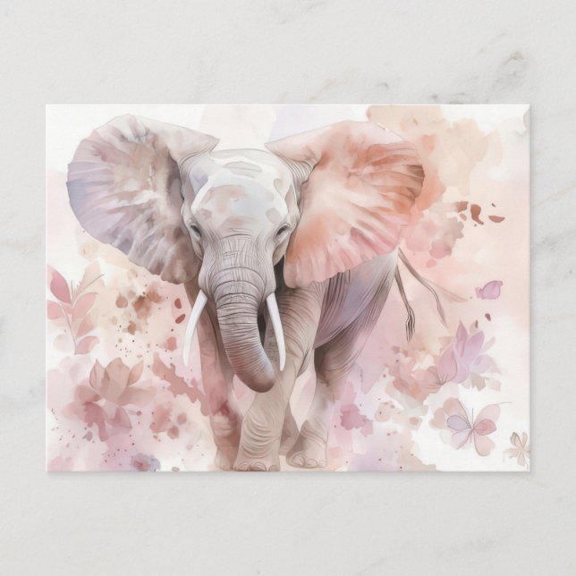 Aquarell Illustration eines Elefanten mit Blumen Postkarte (Vorderseite)