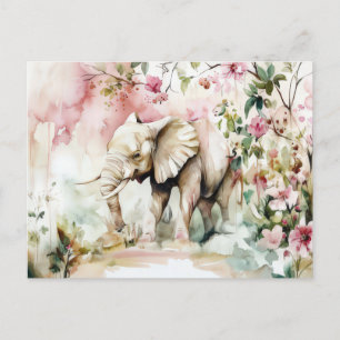 Aquarell Illustration eines Elefanten mit Blumen Postkarte
