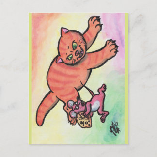 Aquarell-Illustration Katze Maus Käse Cartoon Postkarte