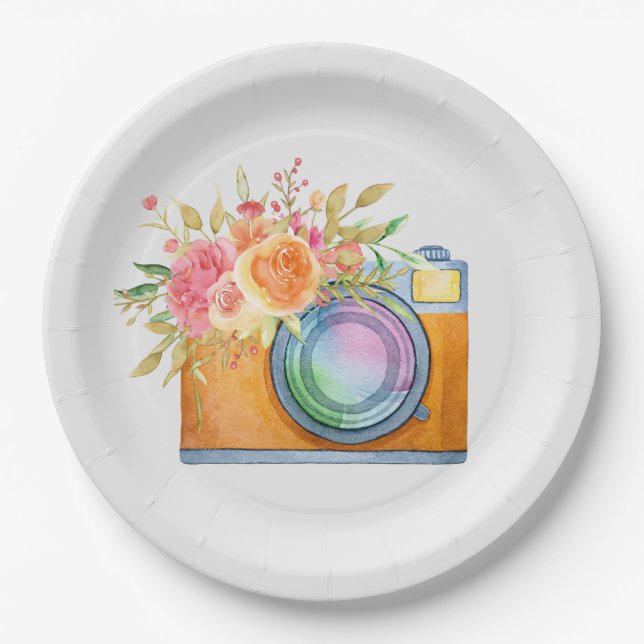 Aquarell+Illustration, orange+kamera, floral+bou Pappteller (Vorderseite)