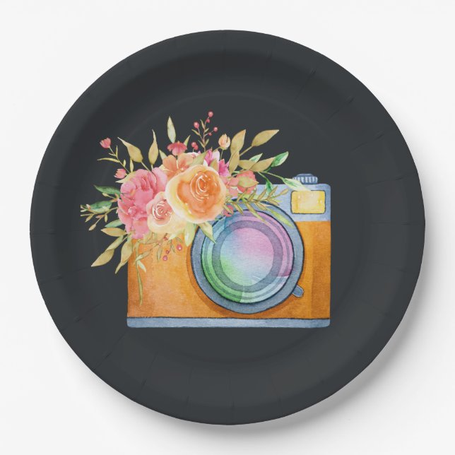 Aquarell+Illustration, orange+kamera, floral+bou Pappteller (Vorderseite)