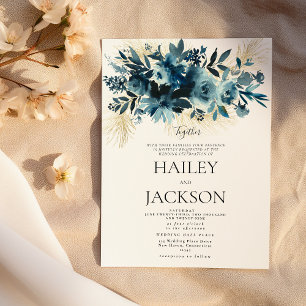Aquarell Indigo Gold Blumenstrauß Florale Hochzeit Einladung