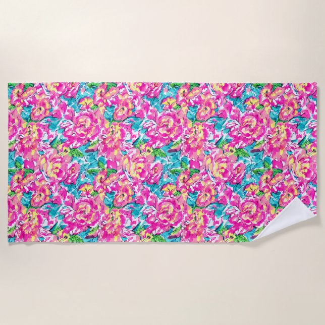 Aquarell Inspiriert Rosa Blauer Blauer Strandtuch (Vorderseite)