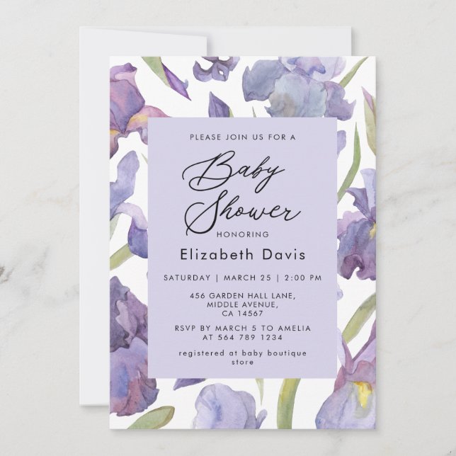 Aquarell Iris Bloral Spring Garden Baby Dusche Einladung (Vorderseite)