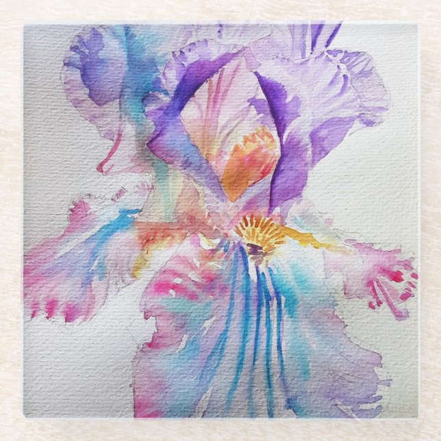 Aquarell Iris Blume Malerei Kunst Glasuntersetzer (Vorderseite)