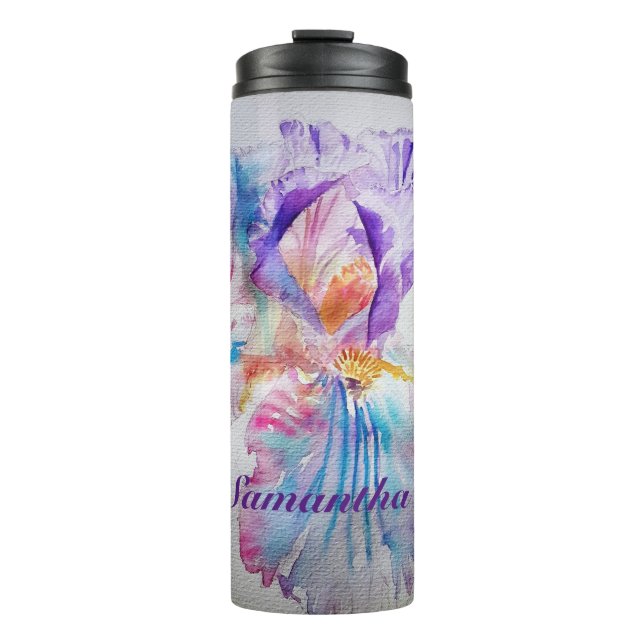 Aquarell Iris Blume Malerei Kunst verleiht Lila Re Thermosbecher (Vorderseite)