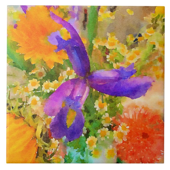 Aquarell Iris Bouquet Keramik Tile Fliese (Vorderseite)
