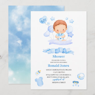 Aquarell ist Junge Blue Boho Kinderzimmer Baby Sho Einladung