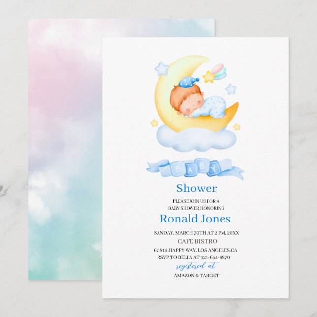 Aquarell ist Junge Blue Boho Kinderzimmer Baby Sho Einladung (Vorne/Hinten)