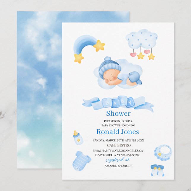 Aquarell ist Junge Blue Boho Kinderzimmer Baby Sho Einladung (Vorne/Hinten)