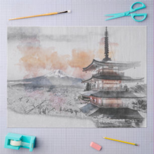 Aquarell Japanische Pagode & Fuji Seidenpapier