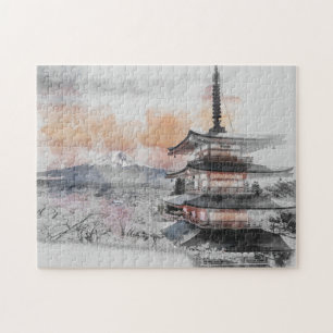Aquarell Japanische Pagode & Mount Fuji Landschaft