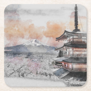 Aquarell Japanische Pagode & Mount Fuji Rechteckiger Pappuntersetzer