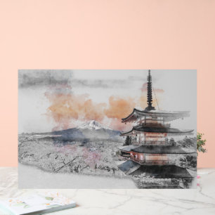 Aquarell Japanische Pagode & Mt. Fuji Acrylschild
