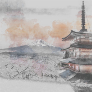 Aquarell Japanische Pagode & Mt. Fuji  Aufkleber