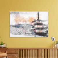 Aquarell Japanische Pagode & Mt. Fuji