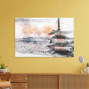 Aquarell Japanische Pagode & Mt. Fuji Leinwanddruck