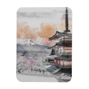 Aquarell Japanische Pagode & Mt. Fuji Magnet