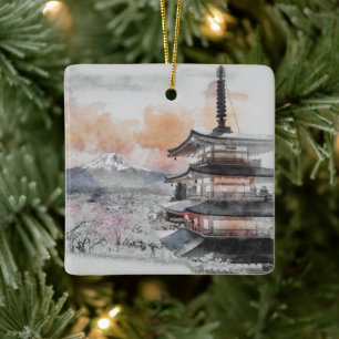 Aquarell Japanische Pagode & Mt. Fuji Papier-Telle Keramikornament