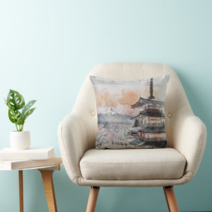 Aquarell-Japanische Pagode & Mt. Fuji-Papierteller Kissen