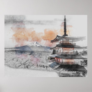 Aquarell Japanische Pagode & Mt. Fuji  Poster