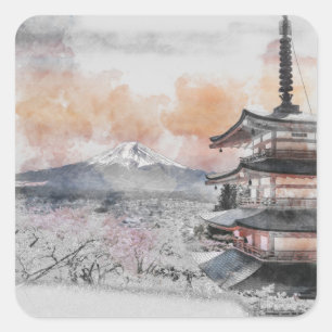 Aquarell Japanische Pagode & Mt. Fuji Quadrat  Quadratischer Aufkleber