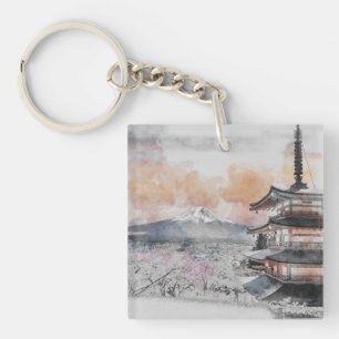 Aquarell Japanische Pagode & Mt. Fuji Reise Schlüsselanhänger