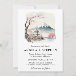 Aquarell Japanischer Fuji und Pagode Szenische Hoc Einladung