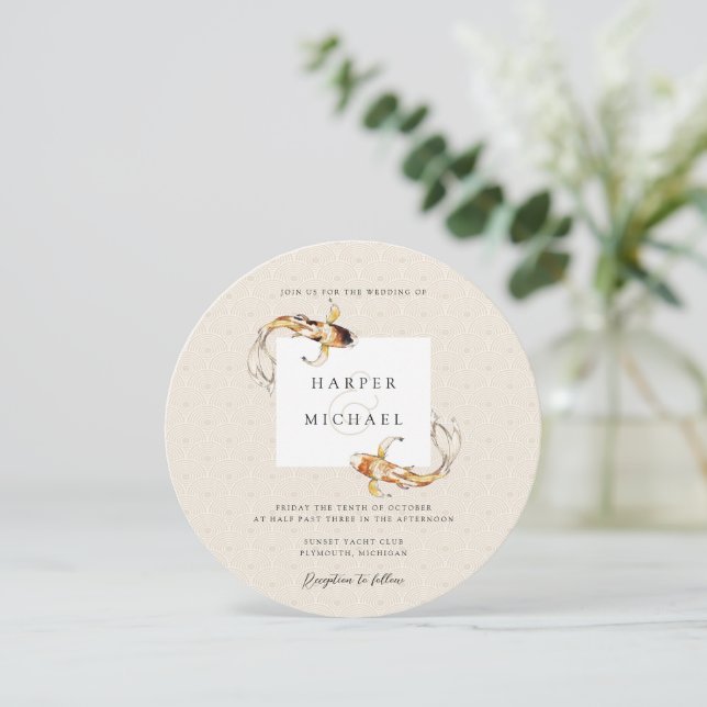 Aquarell Japanischer Koi Fisch Hochzeit Einladung (Stehend Vorderseite)