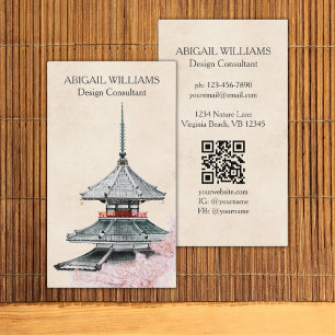 Aquarell Japanischer Tempel Kirschblüten Visitenkarte