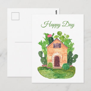 Aquarell-Kaktus-Haus-Grußkarte Postkarte
