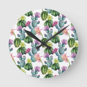Aquarell-Kaktus-Kunst-Muster Runde Wanduhr