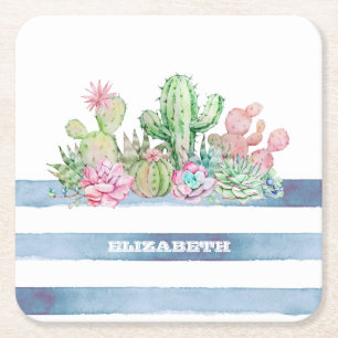 Aquarell Kaktus Sukkulenten Blumen Streifen Rechteckiger Pappuntersetzer