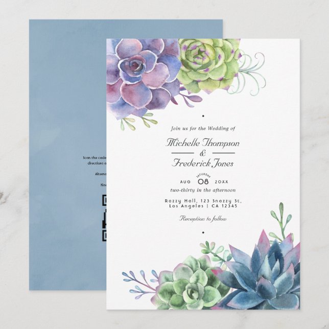 Aquarell-Kaktus-Sukkulenten-QR-Code-Hochzeit Einladung (Vorne/Hinten)