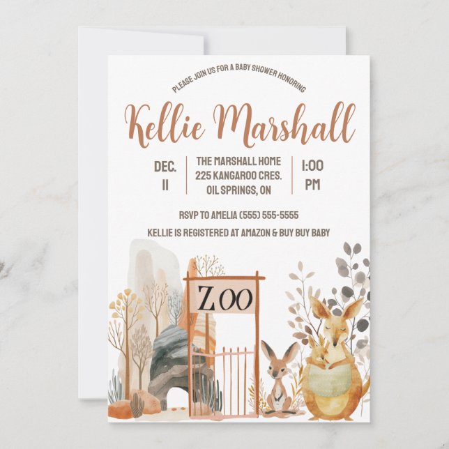 Aquarell Kangaroo Familie, Zoo, Babydusche Einladung (Vorderseite)