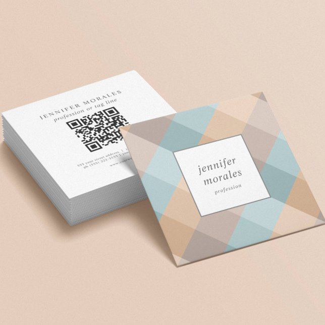 Aquarell Kariert Aquamarin Brown Tan Aqua QR CODE Quadratische Visitenkarte (ELEGANT PALETTE OF  Teal Brown Tan Aqua COLORS AND QR CODE ON THE BACK FOR THIS ELEGANT BUSINESS CAR)