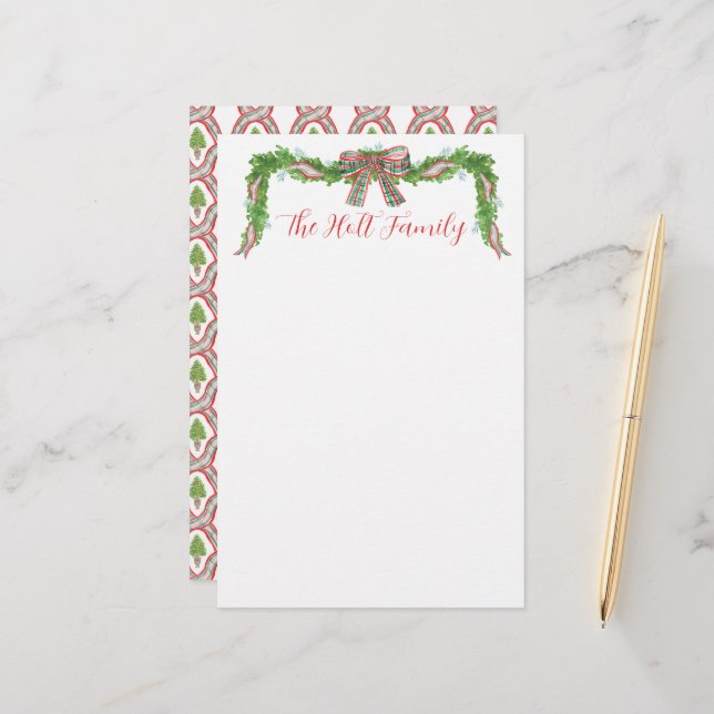 Aquarell Kariert Bow Garland Weihnachten Briefpapier (Vorderseite/Rückseite Beispiel)
