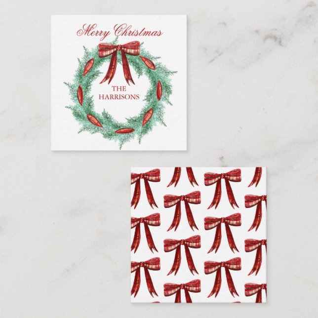 Aquarell Kariert Ribbon Wraath Weihnachtsfeiertage Mitteilungskarte (Vorne/Hinten)