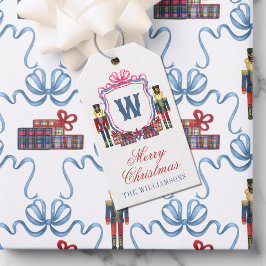 Aquarell-Karo-Nussknacker-Bär-Monogrammwappen Geschenkanhänger