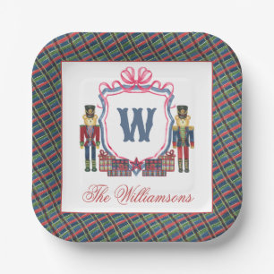 Aquarell-Karo-Nussknacker-Bär-Monogrammwappen Pappteller