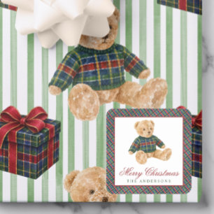 Aquarell-Karo-Tartan-Weihnachtsbär-Pullover Quadratischer Aufkleber