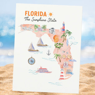 Aquarell-Karte des Bundesstaates Florida Postkarte