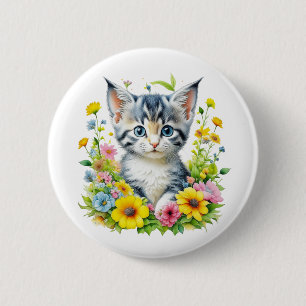 Aquarell-Kätzchen-Blumen-Weihnachten Button